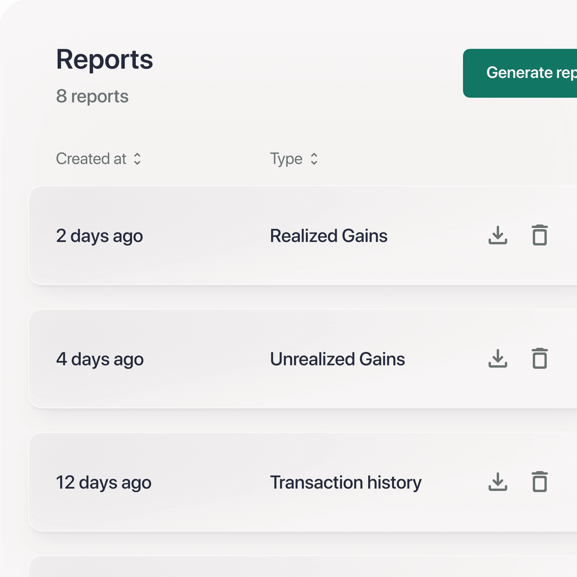 Table showing three types of reports available in Cryptio: Realized gains, Unrealized gains and Transaction History.