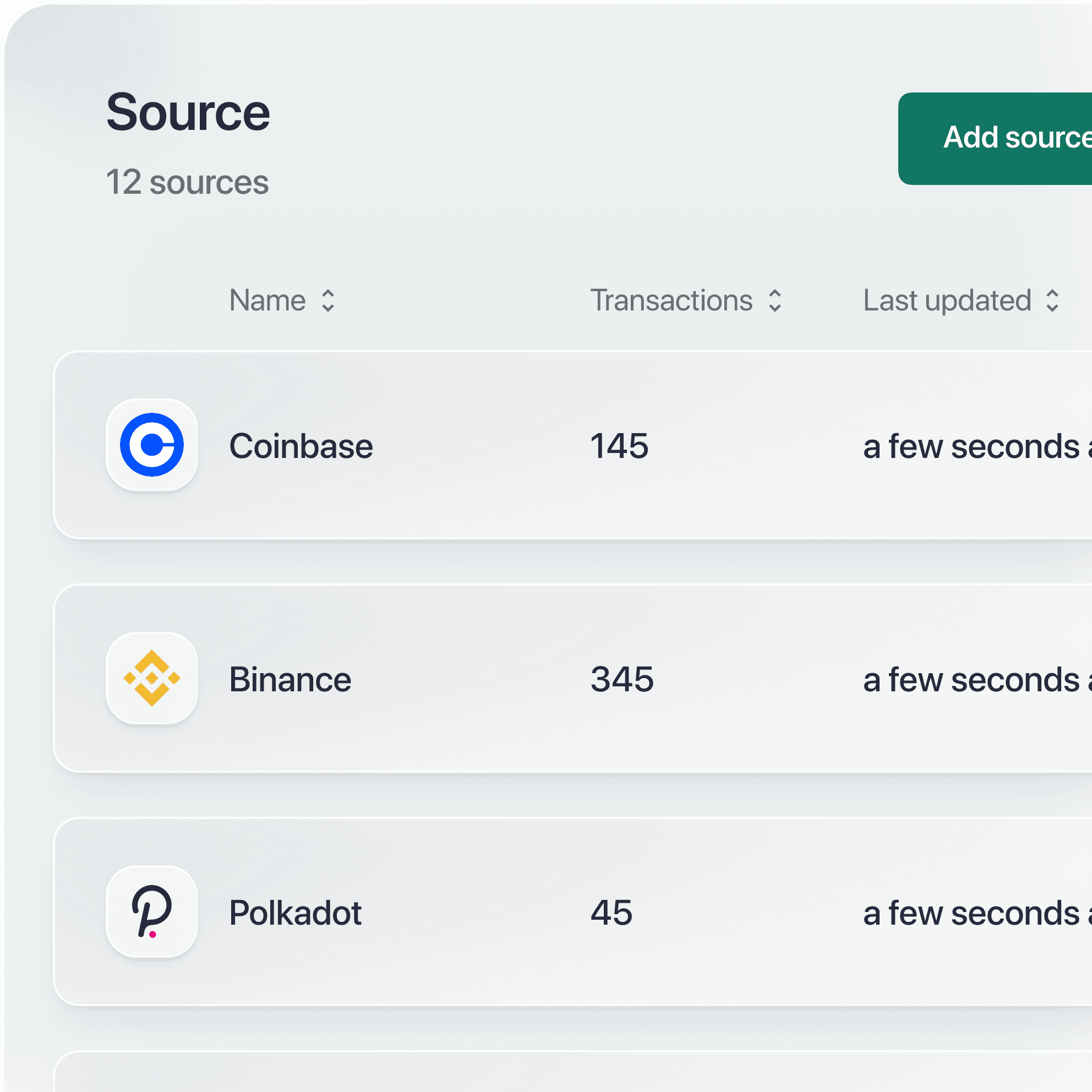 Table containing three transaction sources available in Cryptio: Coinbase, Binance and Polkadot.